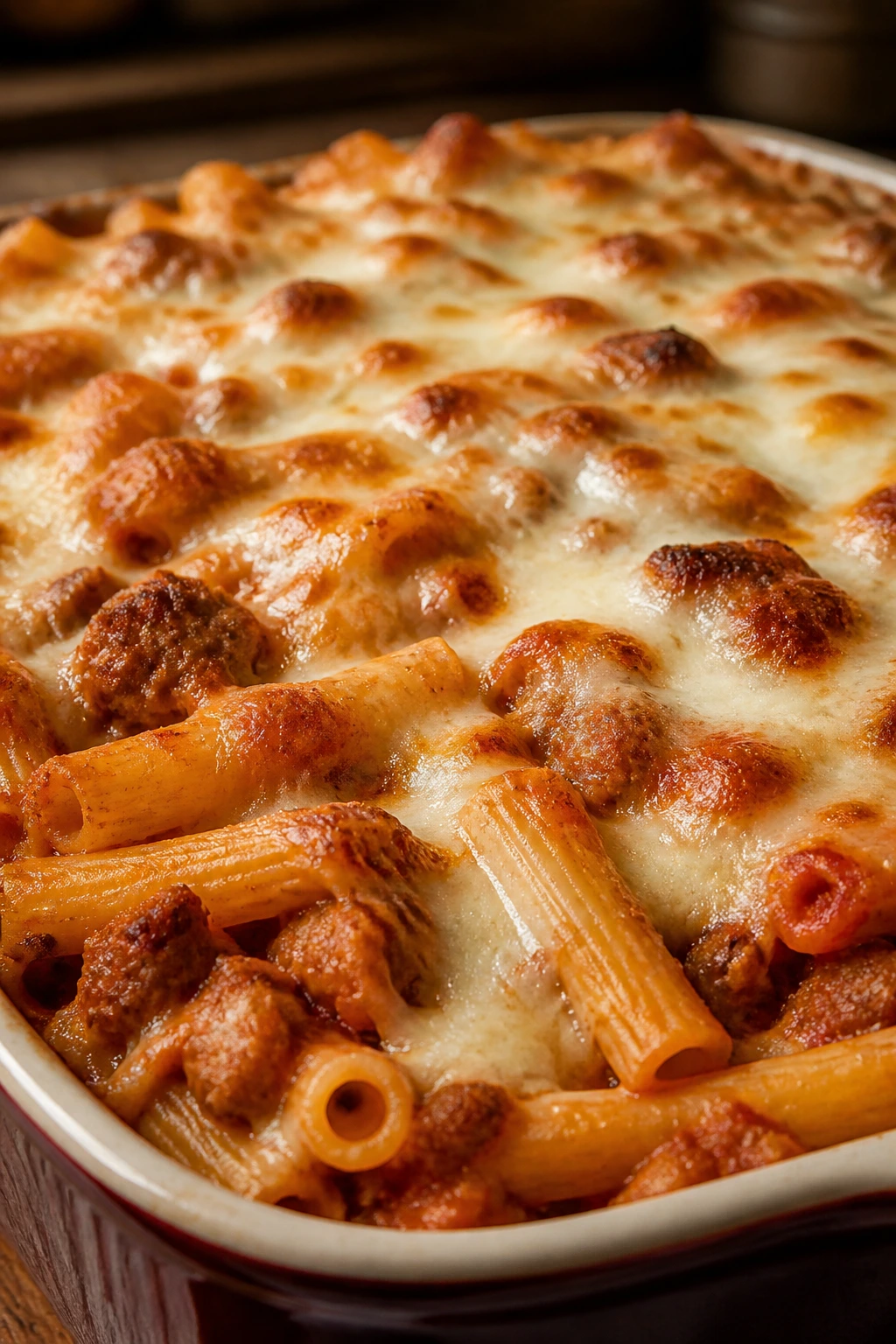 Baked ziti with beef and sausage and mozzarella on top