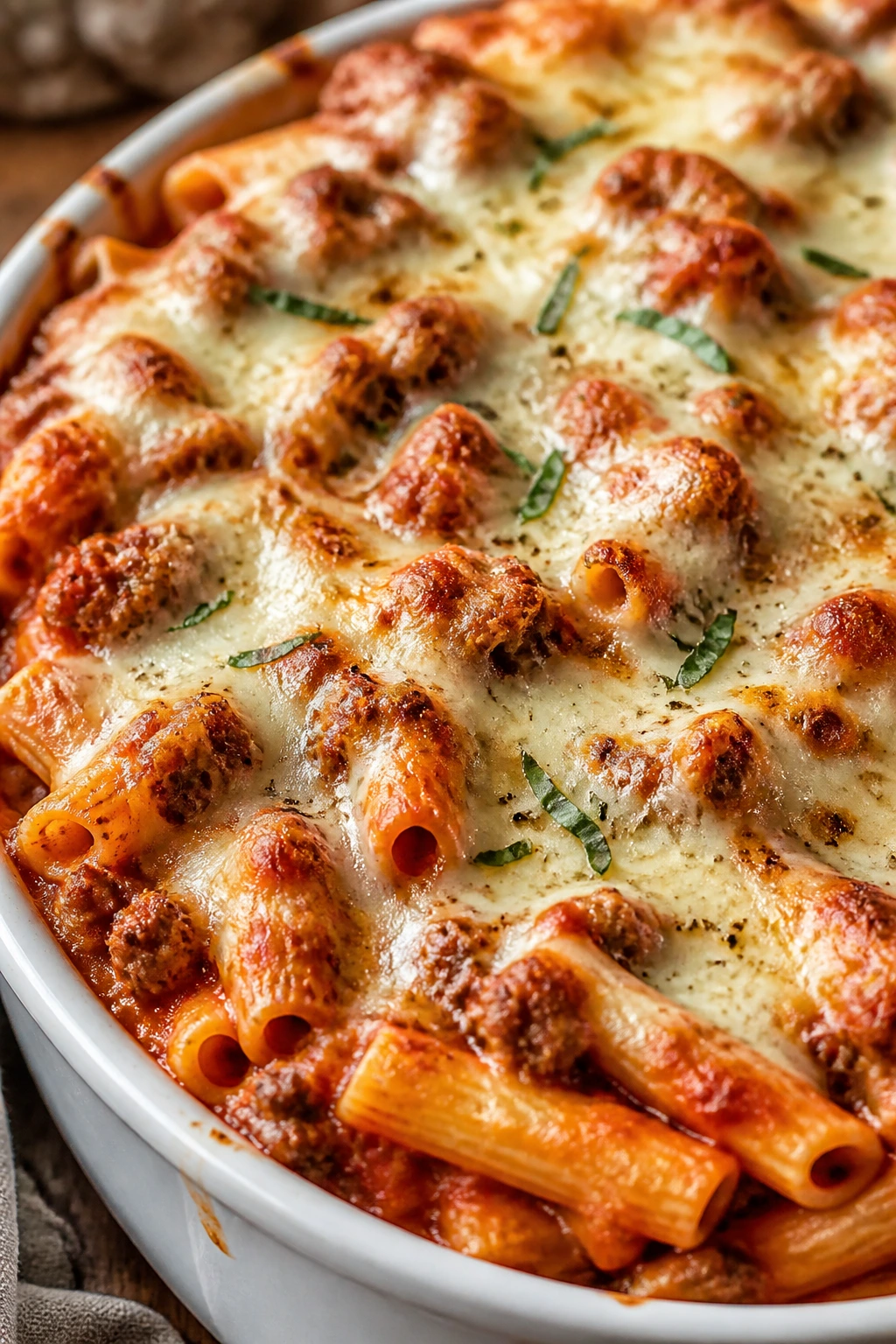 Baked ziti with sausage and cheese in a baking dish.