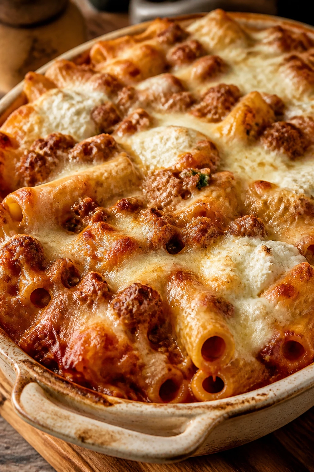Close-up of bubbling baked ziti with sausage and melted cheese
