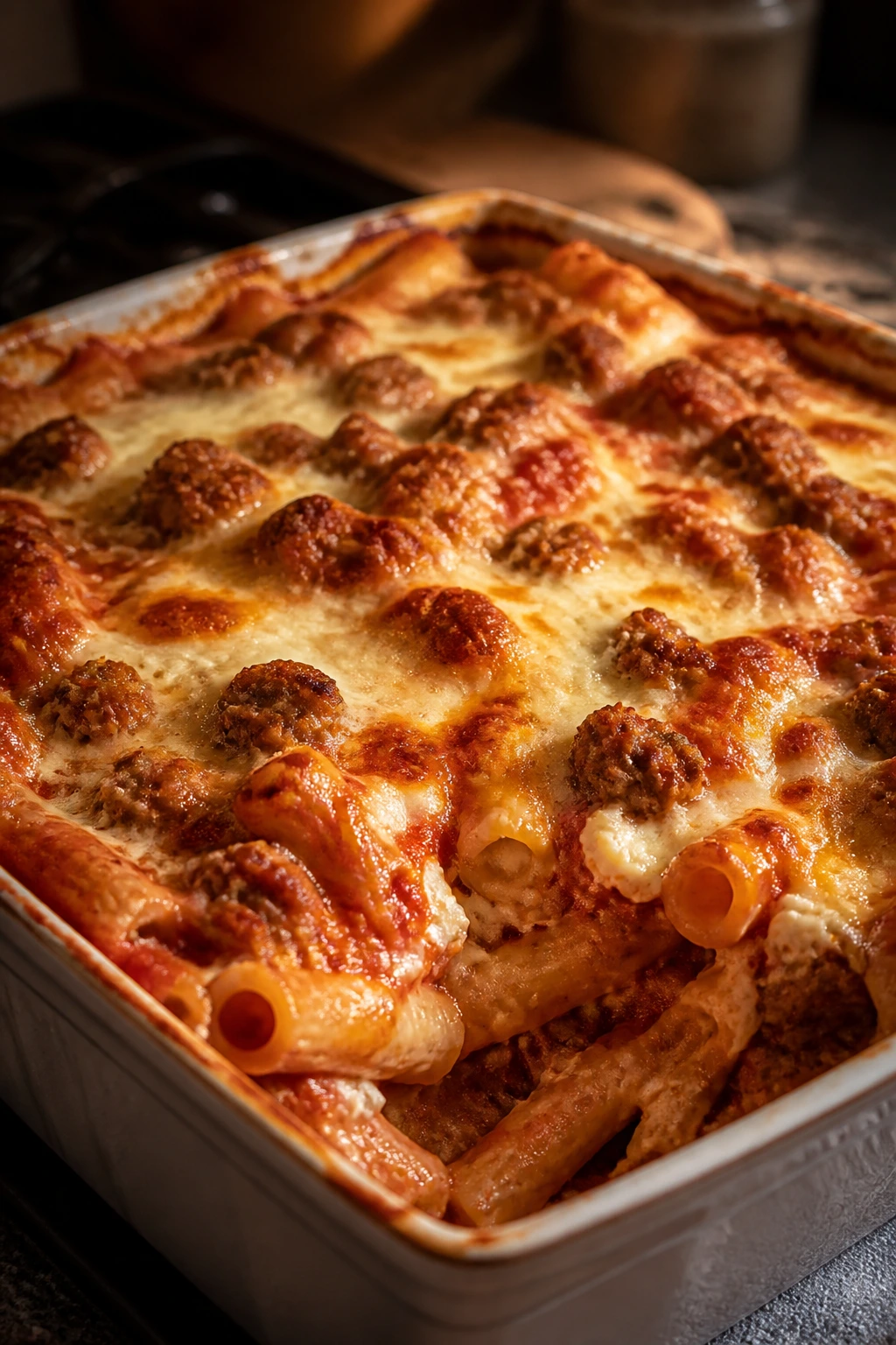 Bubbling baked ziti with sausage and melted cheese in a baking dish
