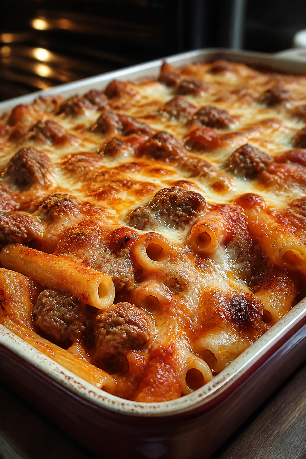 Bubbling baked ziti with sausage and melted mozzarella