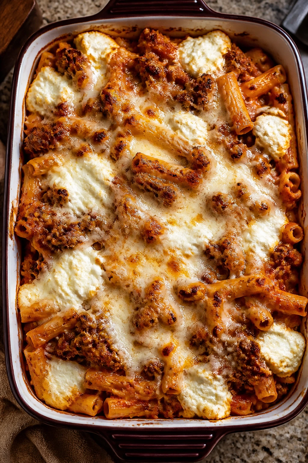 Baked ziti with sausage and ricotta in a bubbling baking dish