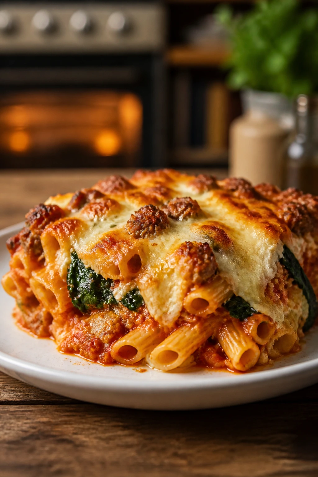 Slice of baked ziti with sausage and spinach on a plate