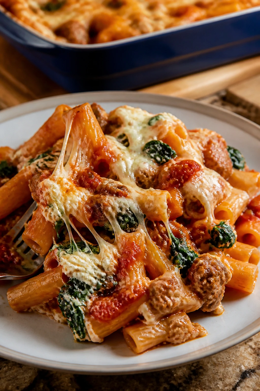 Serving of baked ziti with sausage and spinach on a plate