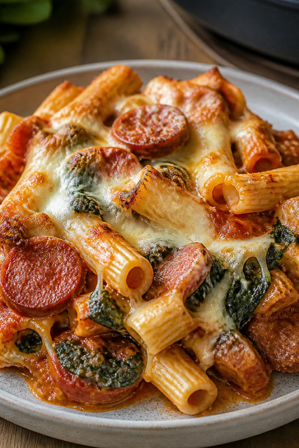 Plated baked ziti with smoked sausage spinach and melted mozzarella