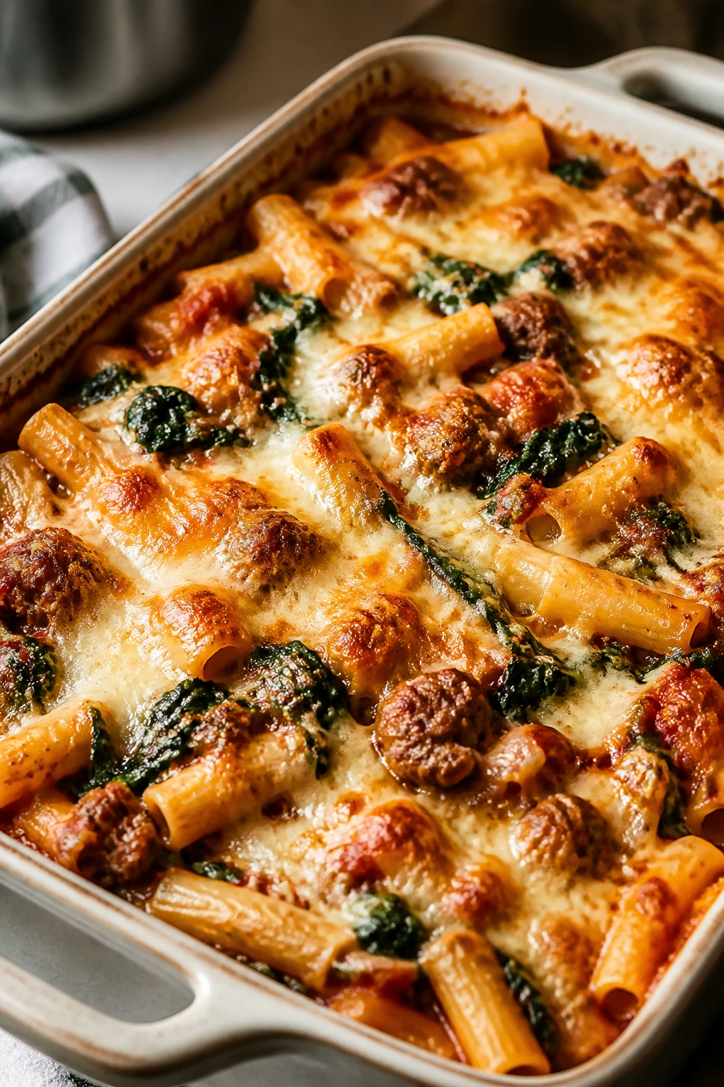 Baked ziti with sausage and spinach in a bubbling cheese crust