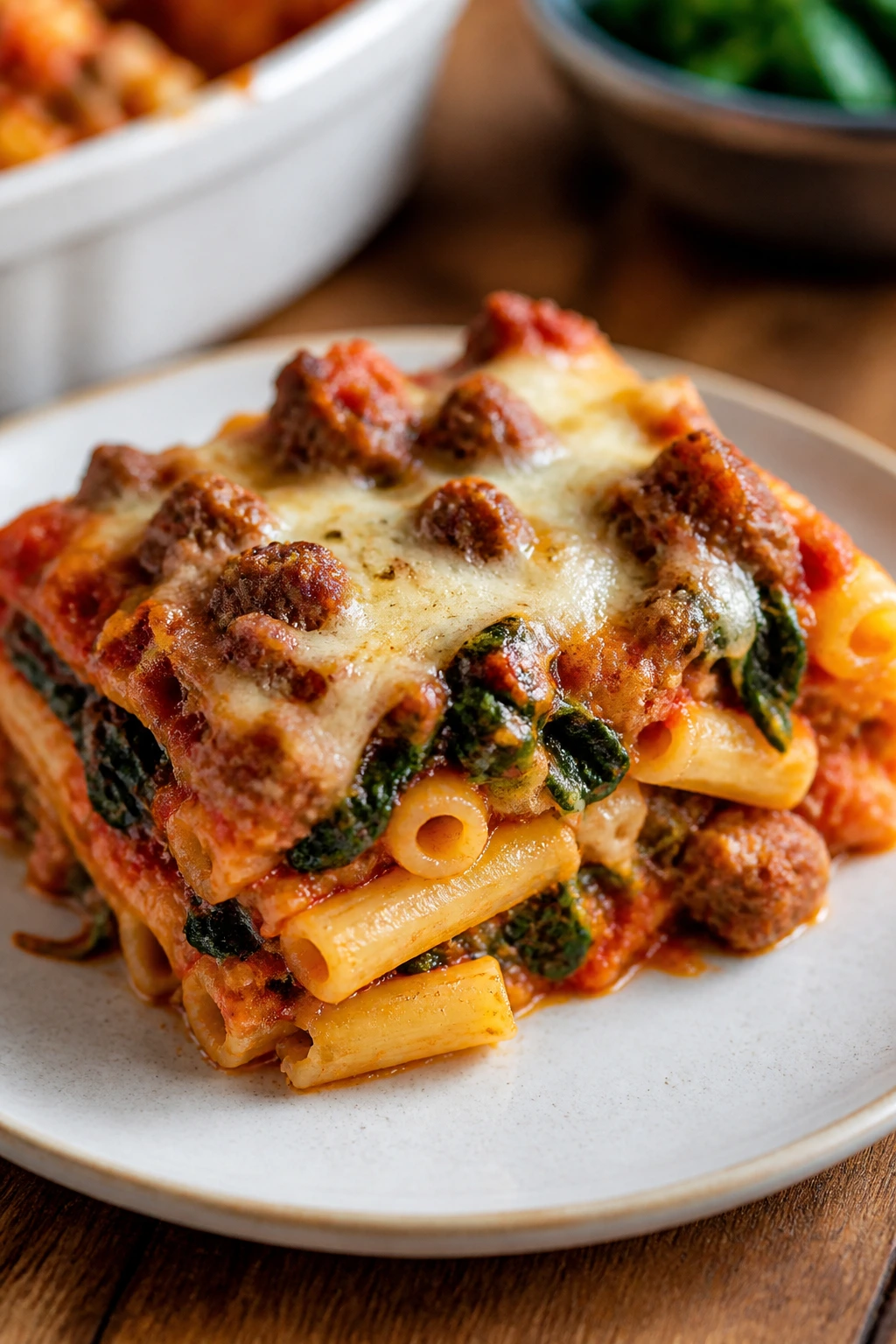 Slice of baked ziti with sausage and spinach on plate