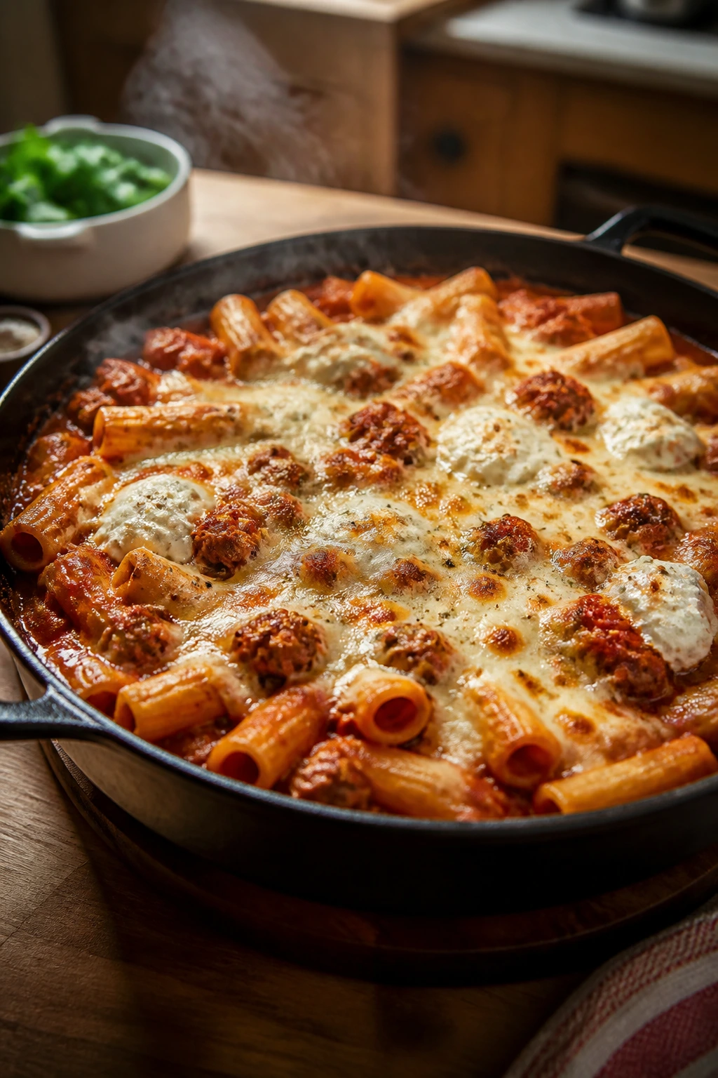 Close-up of bubbling ziti in a skillet with sausage and cheese