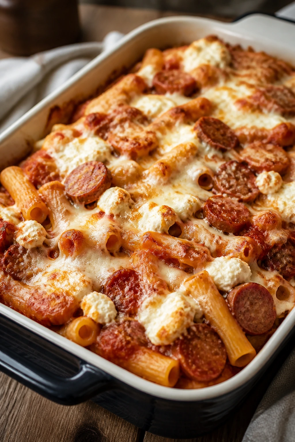 Baked ziti with sausage in browning cheese topping