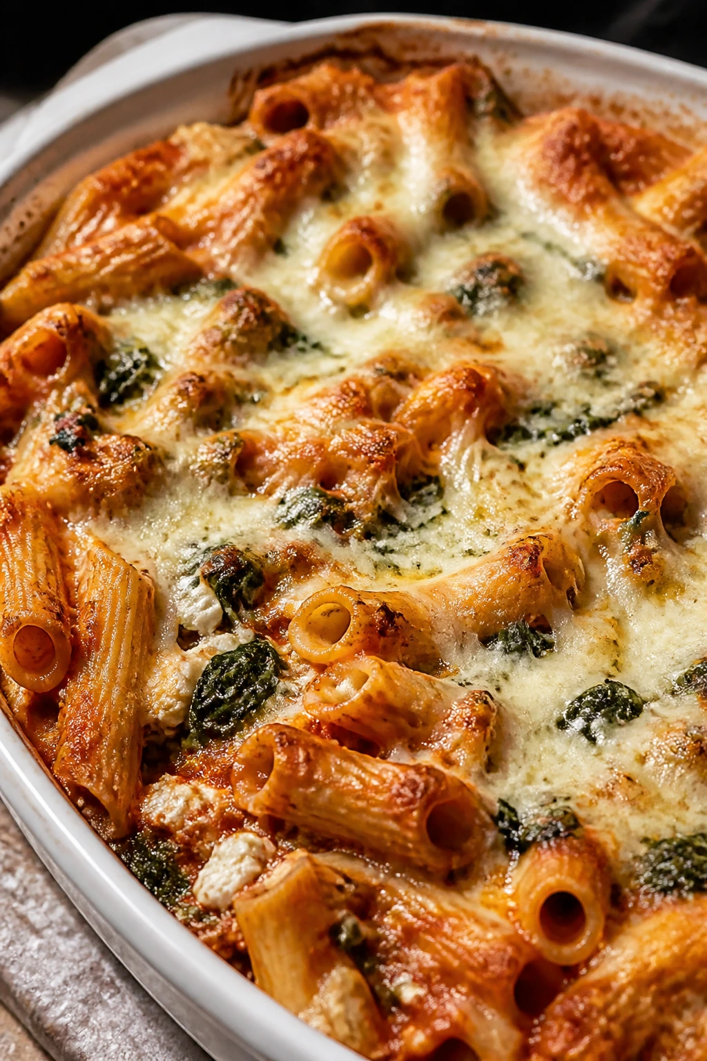 Close-up of baked ziti with spinach and melted cheese topping