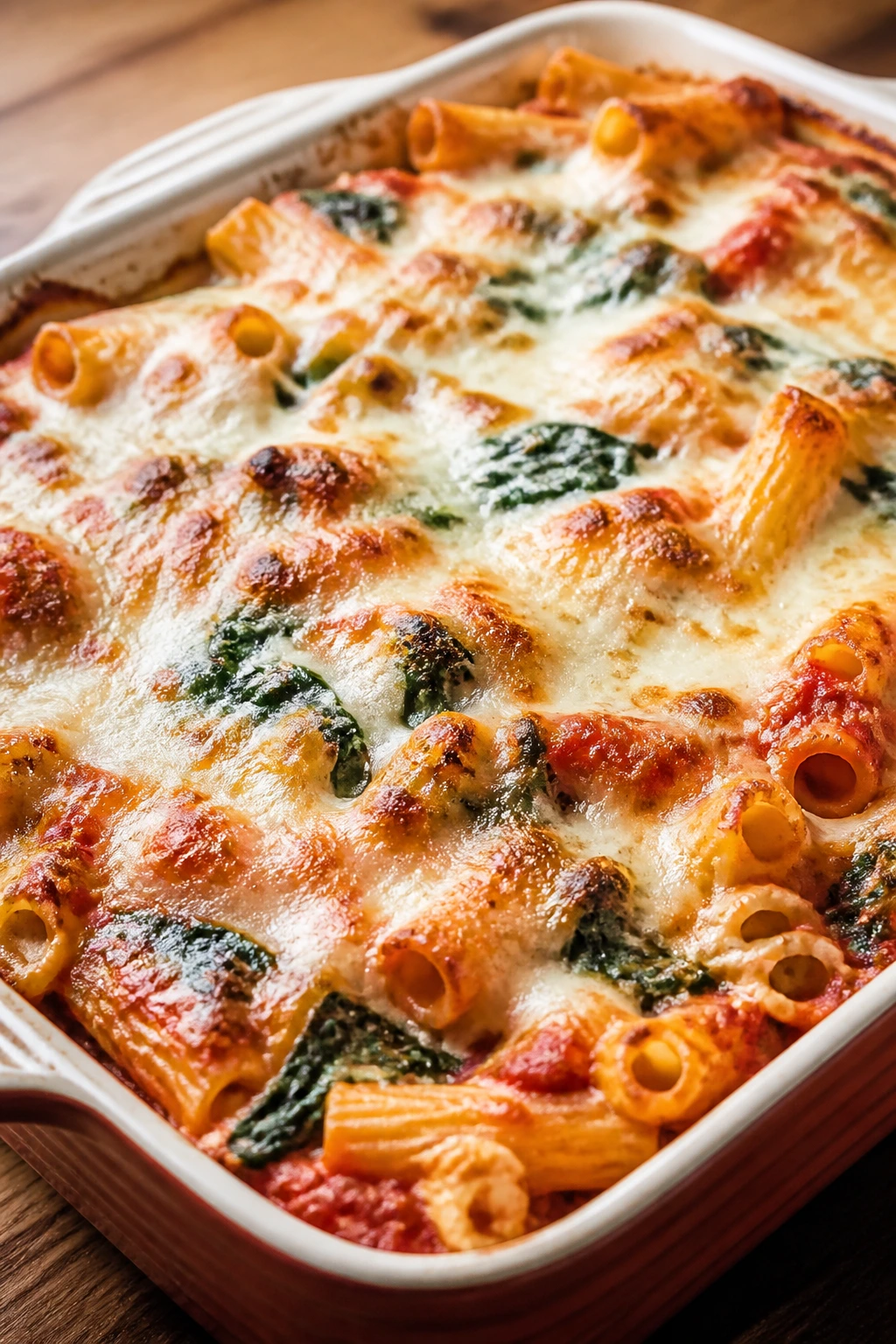Close-up of bubbling baked ziti with spinach and melted mozzarella in a baking dish