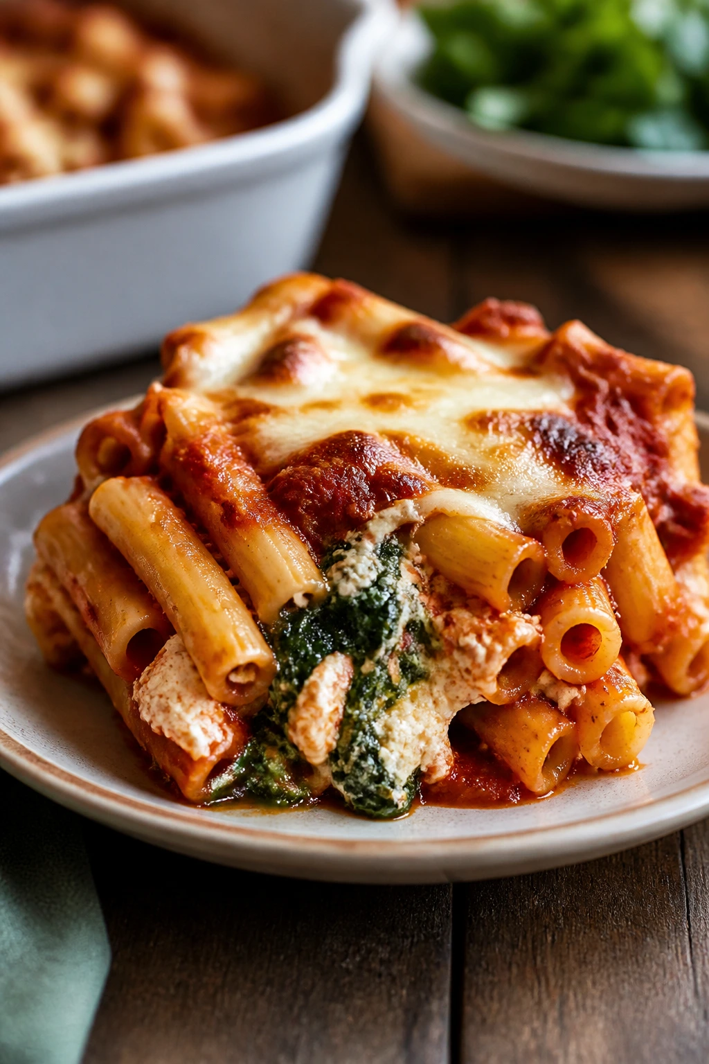 Close-up of baked ziti with spinach on a plate