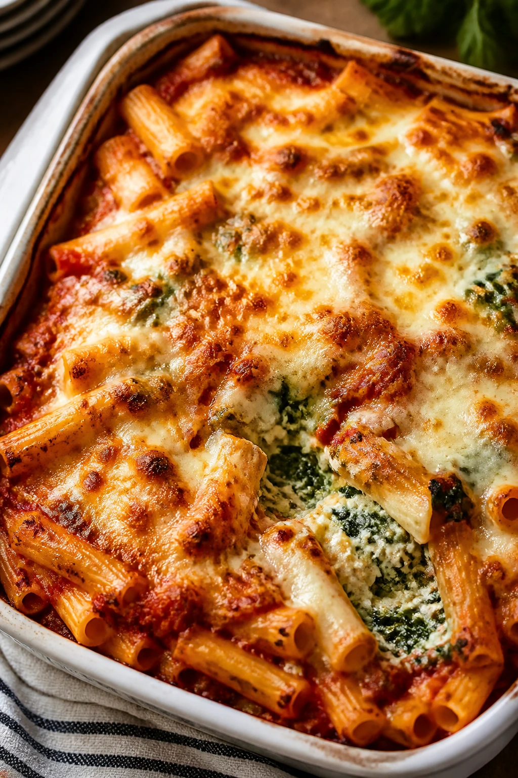 Baked ziti with spinach in a casserole dish