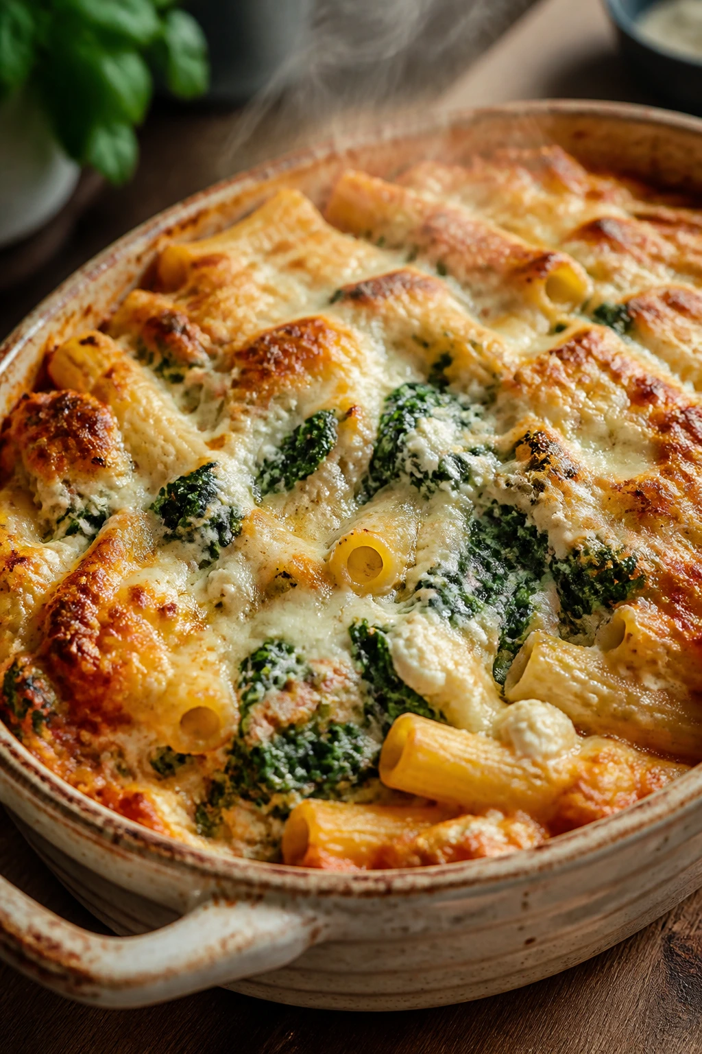 Close-up of baked ziti with spinach casserole, cheesy golden top
