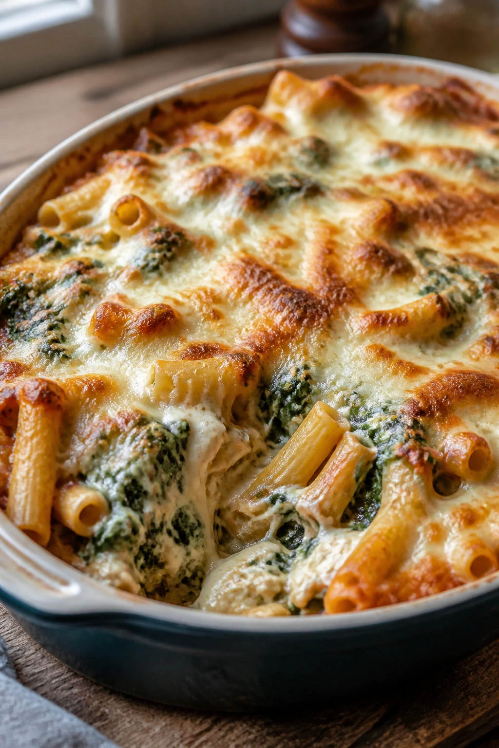 Close-up of Baked Ziti with Spinach in a bubbling cheesy casserole with a golden crust
