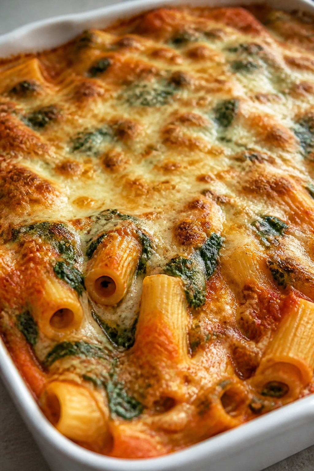 Close-up of baked ziti with spinach folded into sauce and melted mozzarella