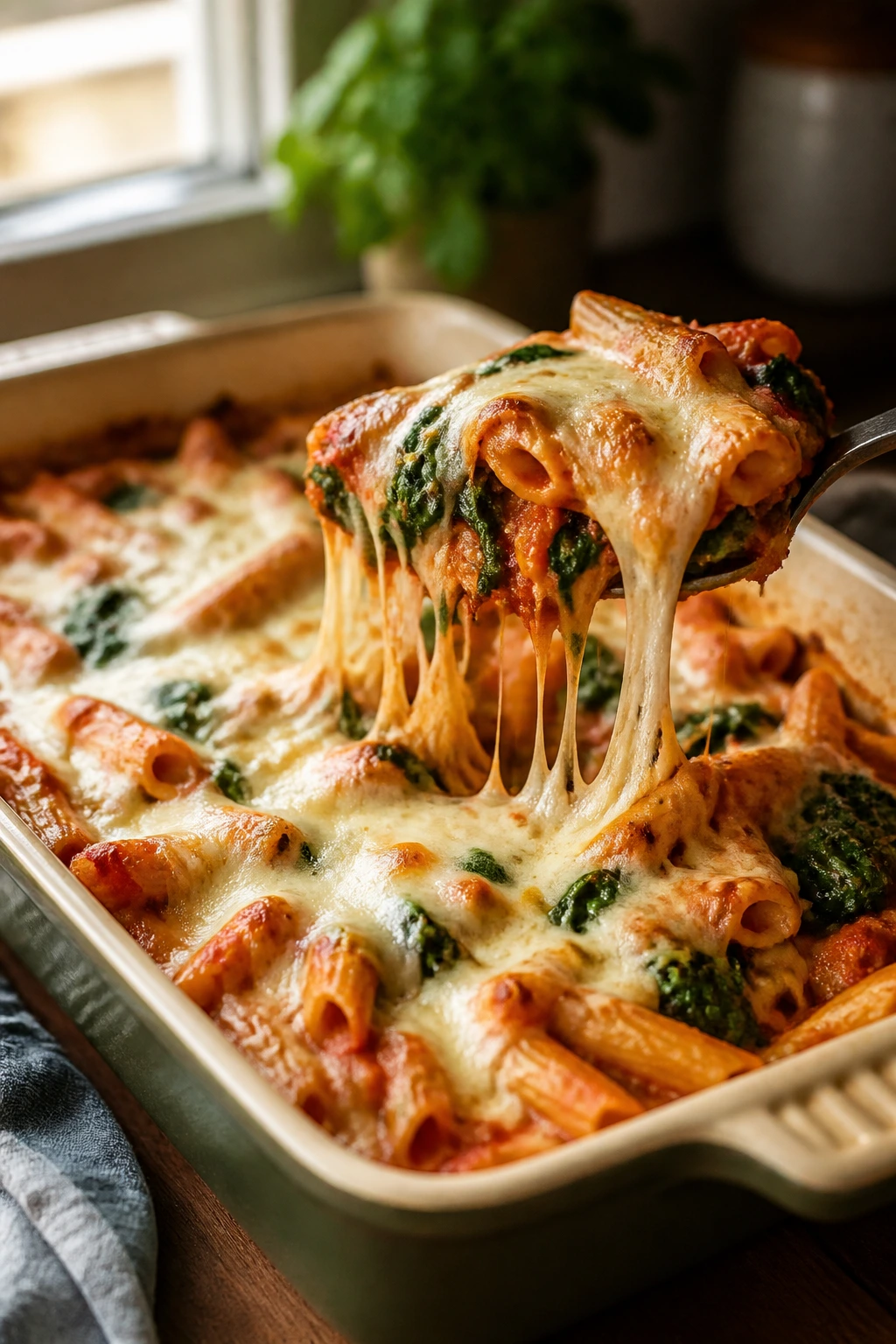Baked ziti with spinach and mozzarella bubbling in a baking dish.