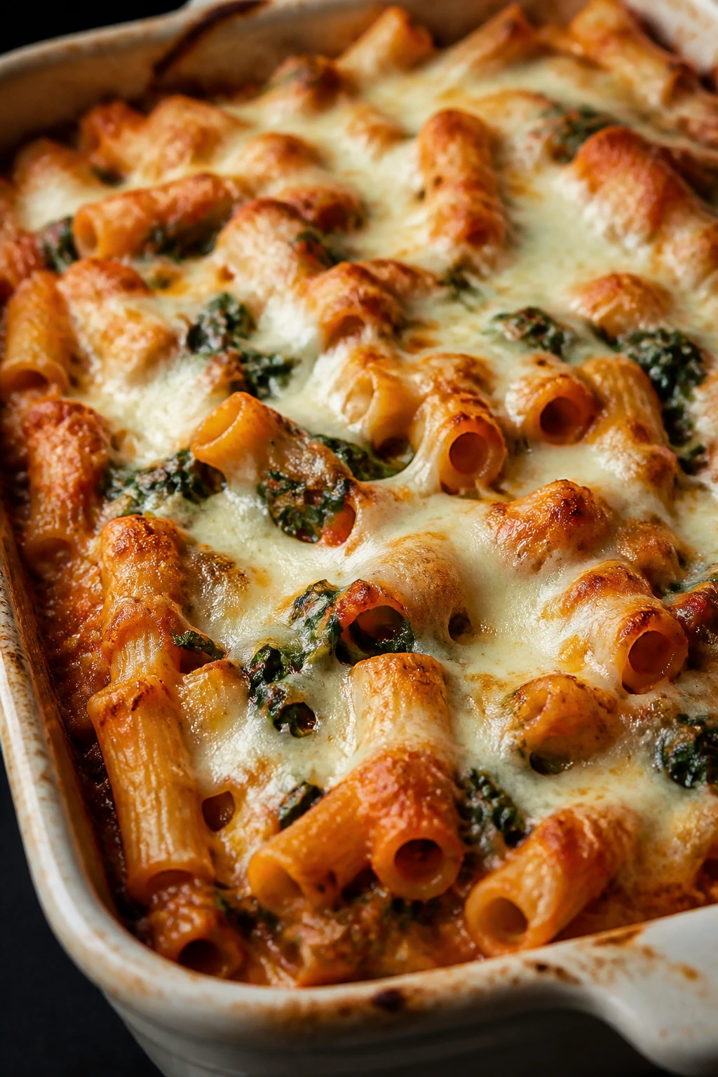 Baked ziti with spinach and mozzarella in a baking dish