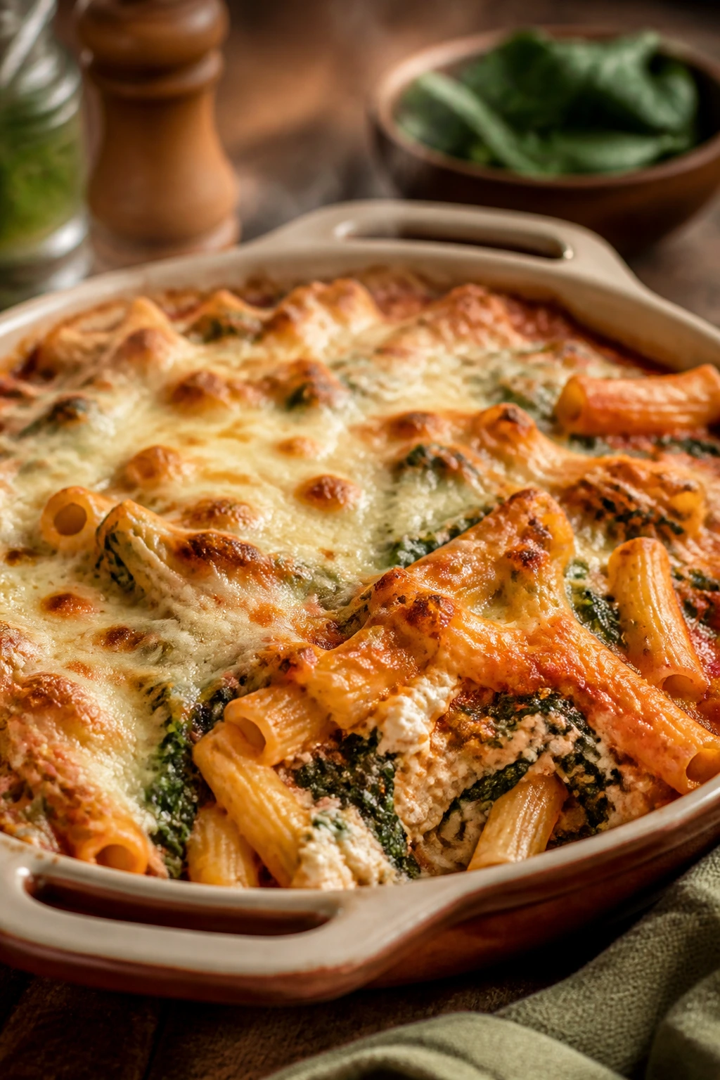 Close-up of cheesy baked ziti with spinach on a wooden table
