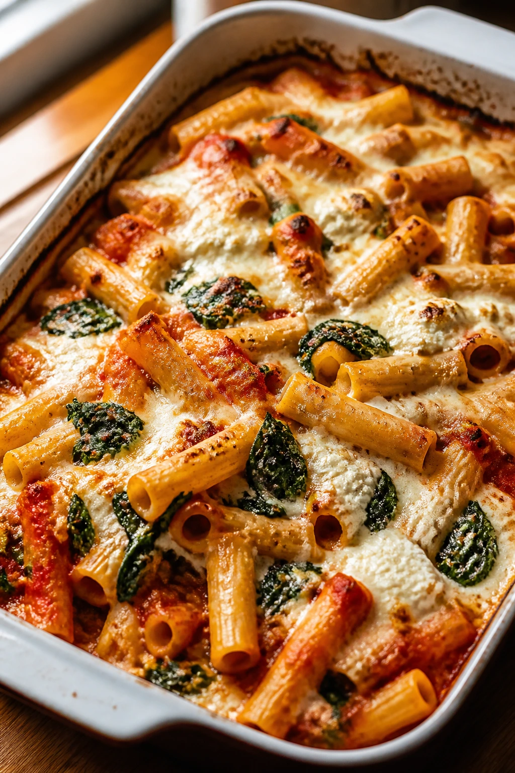 Close-up of baked ziti with spinach and ricotta in a baking dish