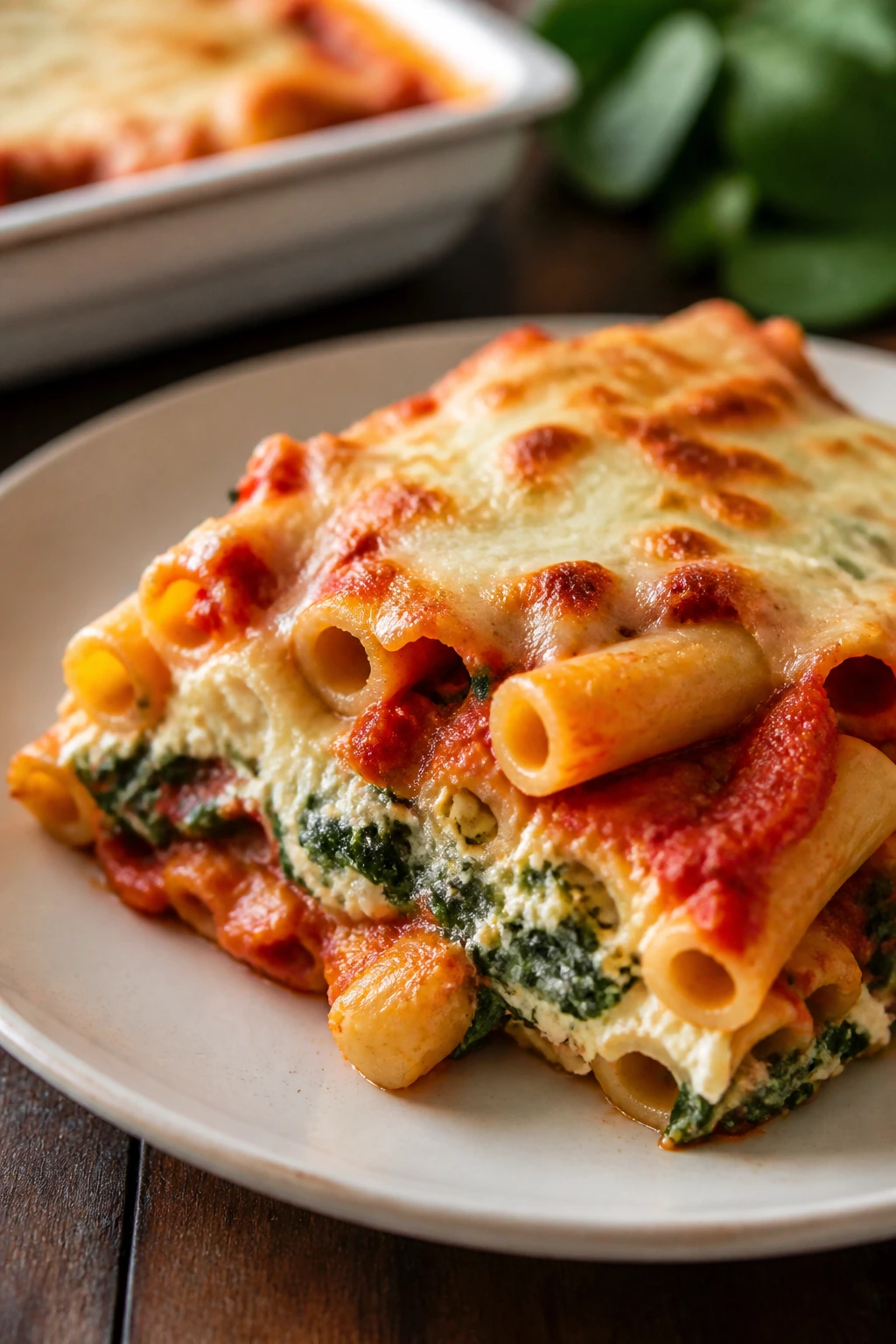Close-up of baked ziti with spinach and ricotta, bubbling mozzarella
