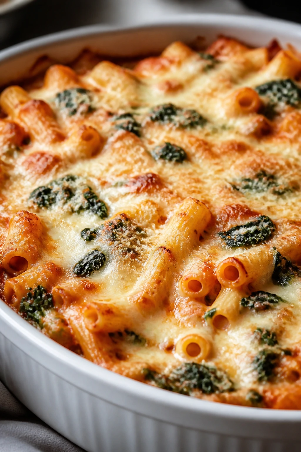 Baking dish of baked ziti with spinach and ricotta, bubbling with cheese.