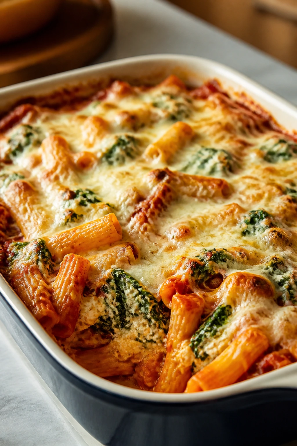 Bubbly baked ziti with spinach and ricotta in a baking dish