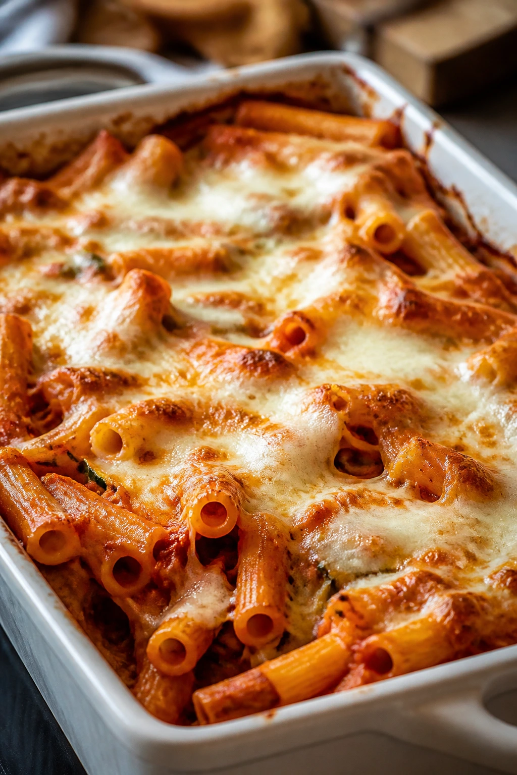 Baked ziti with zucchini and carrot topped with mozzarella