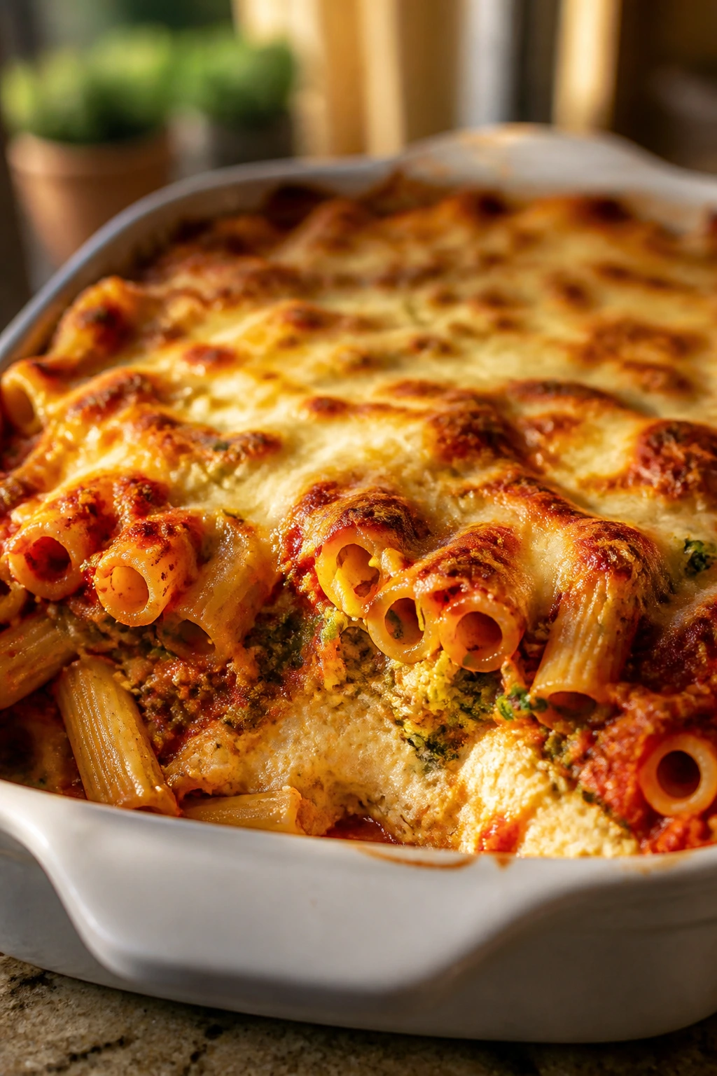 Baked ziti with hidden vegetables and melted cheese on a baking dish