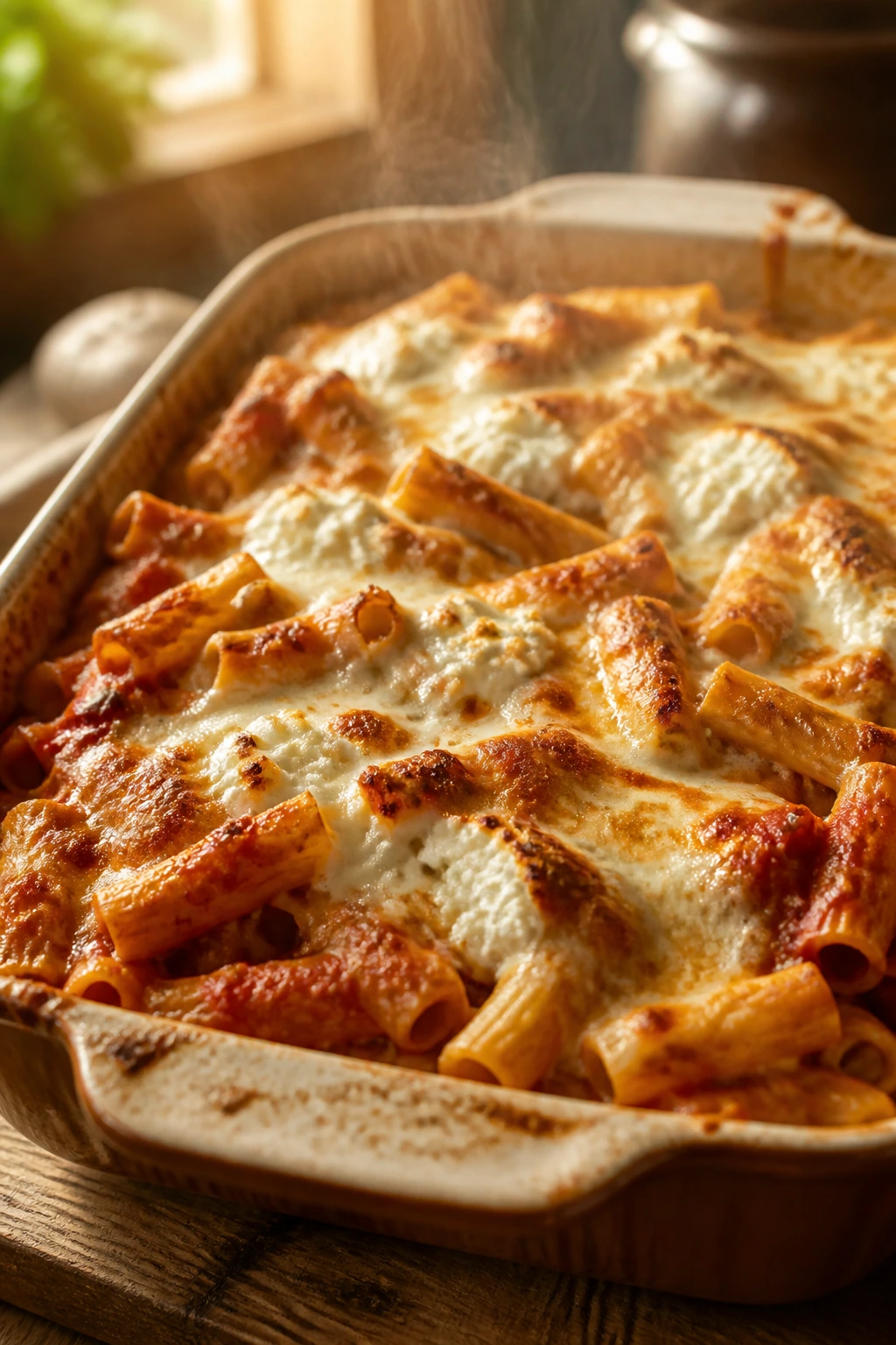 Close-up of bubbling baked ziti in a baking dish on a wooden counter