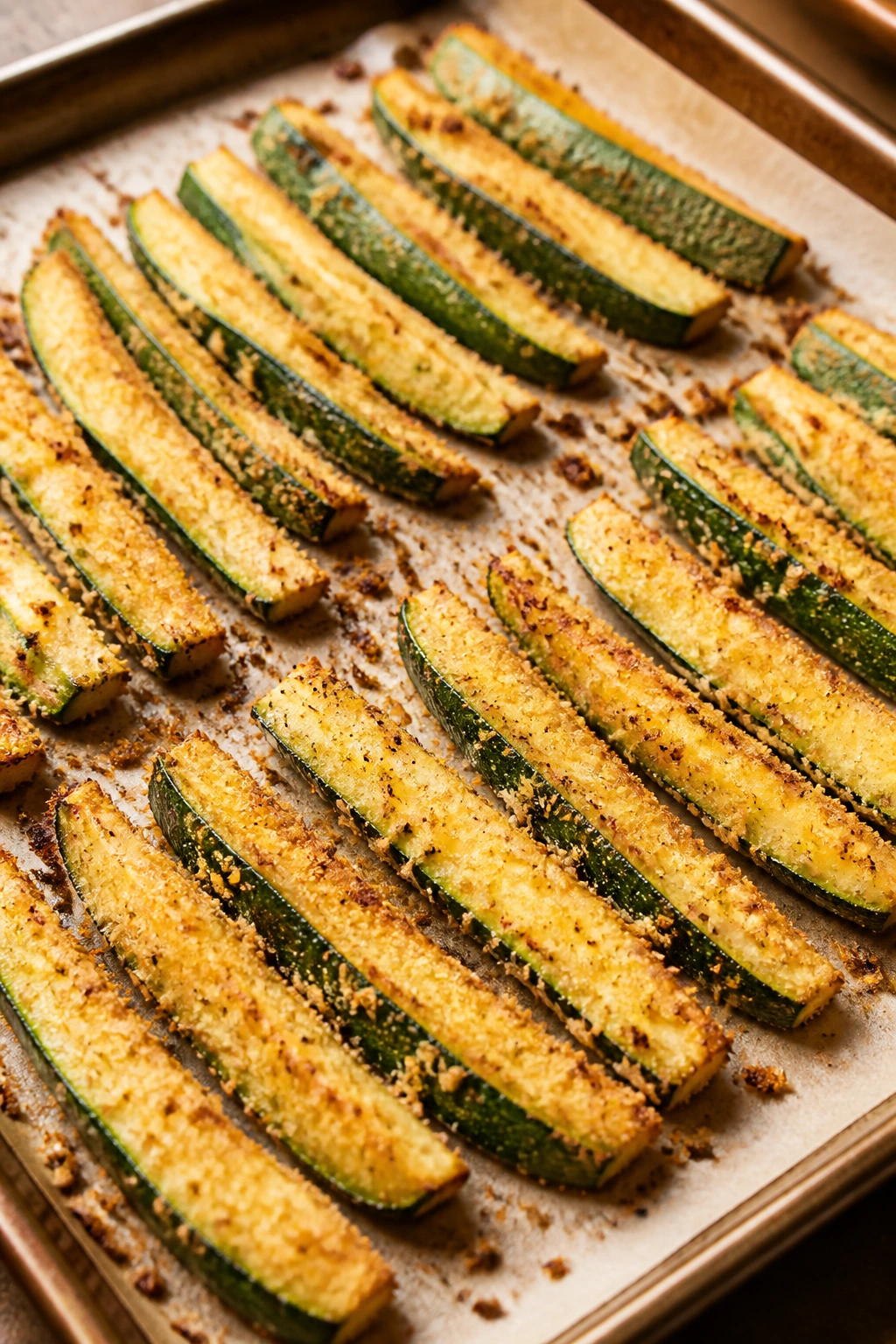 Crispy baked zucchini fries on parchment-lined baking sheet