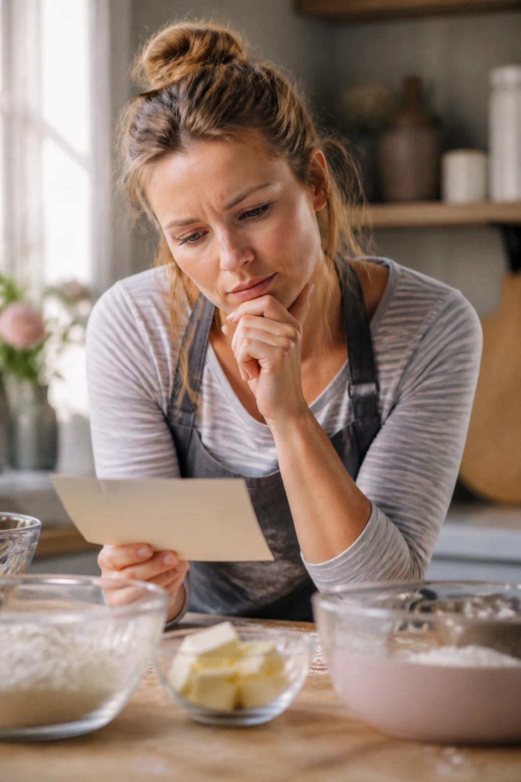 Portrait of a baker contemplating questions before baking Easter cookies