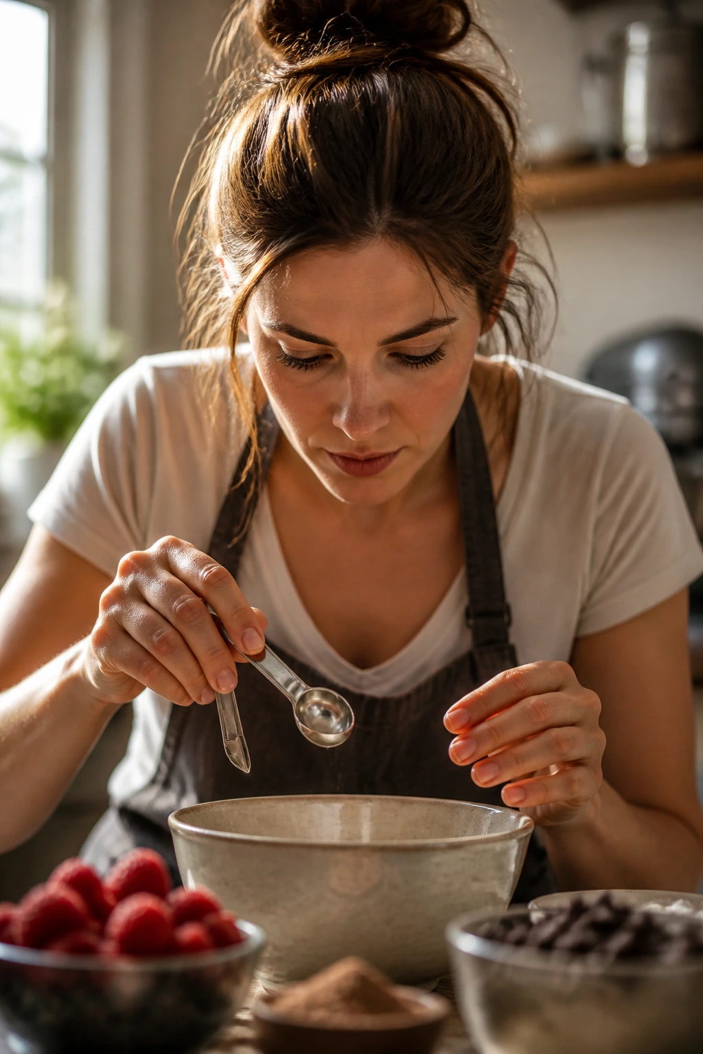 Close-up portrait of a home baker in a sunlit kitchen contemplating baking questions