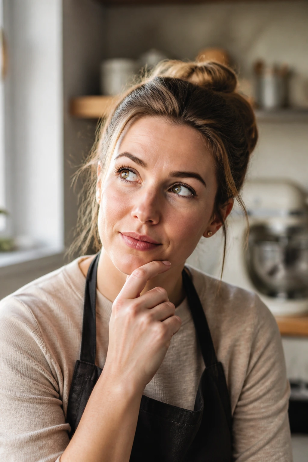 Baker with thoughtful expression in warm kitchen