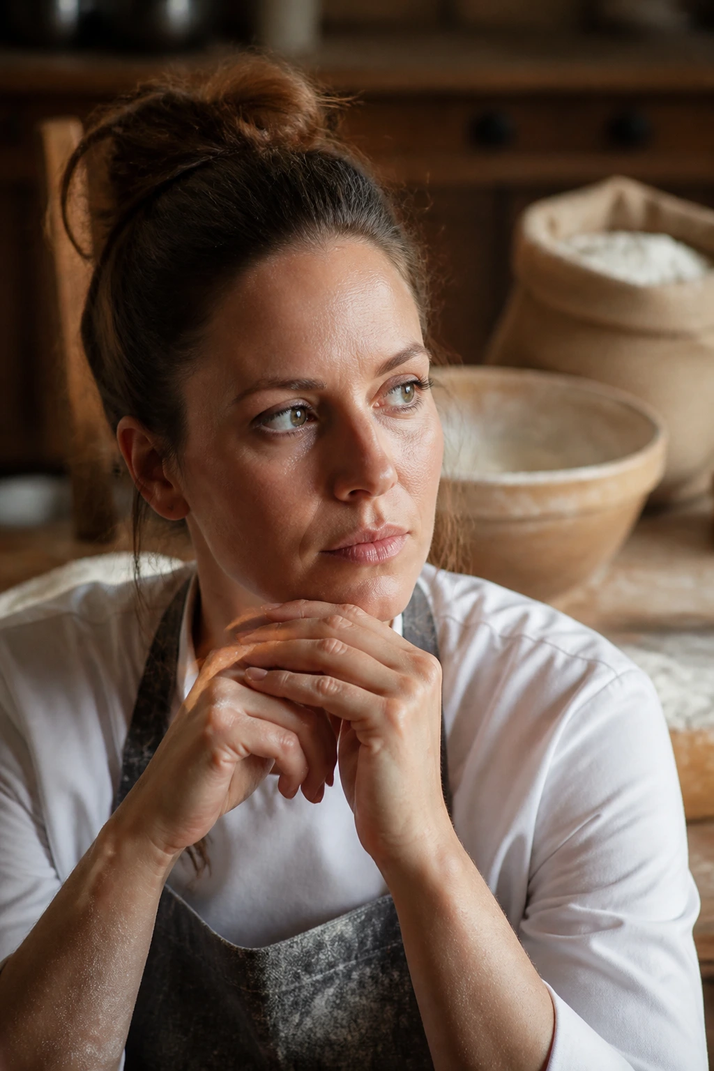 Close-up portrait of a thoughtful baker in a warm kitchen planning a bake