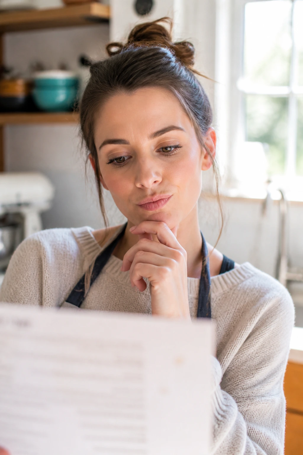 Close-up portrait of a real baker contemplating baking questions in a bright kitchen