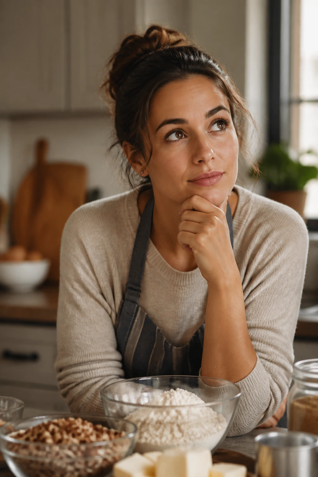 Portrait of a home baker contemplating baking questions in a kitchen