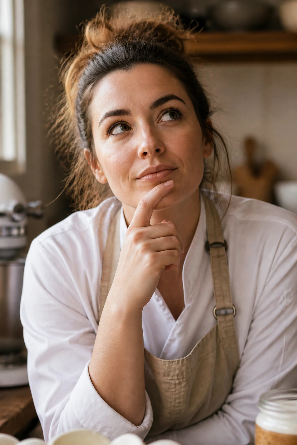 Portrait of a baker in a warm kitchen thinking about baking