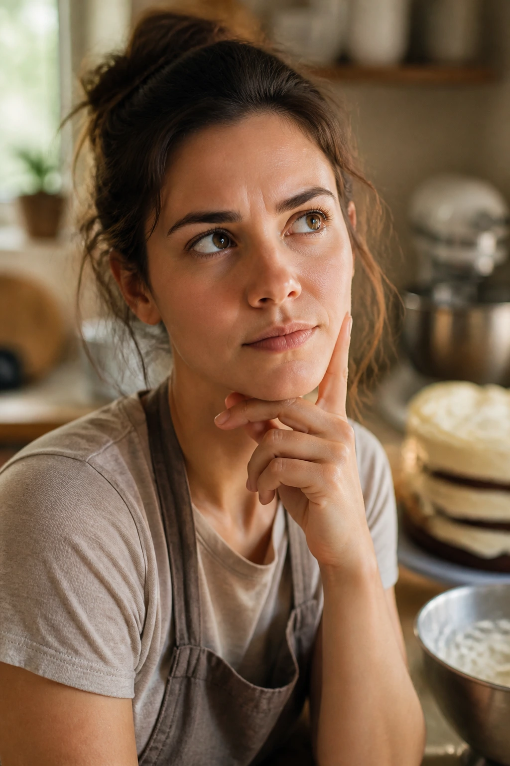 Real baker thinking in kitchen about building an ice cream sandwich cake
