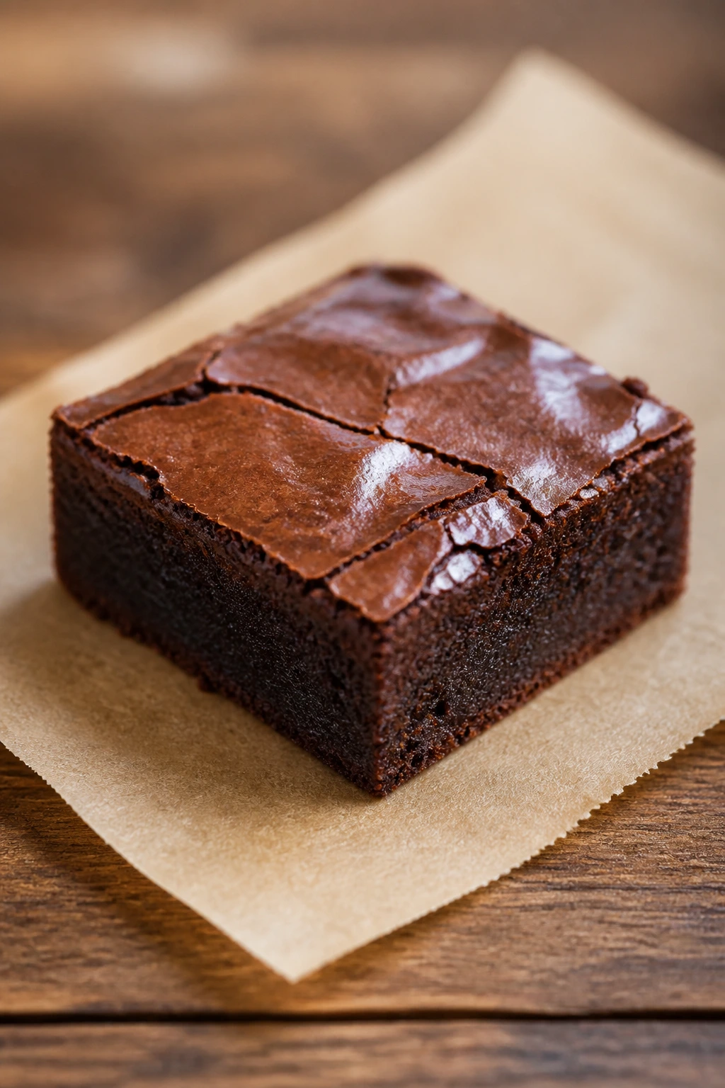 Close-up of glossy brownie square with sharp edge on parchment.