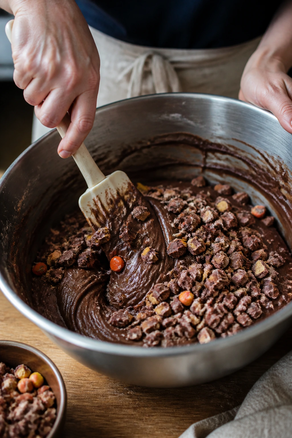 Close-up of hands folding candy into chocolate batter in a mixing bowl
