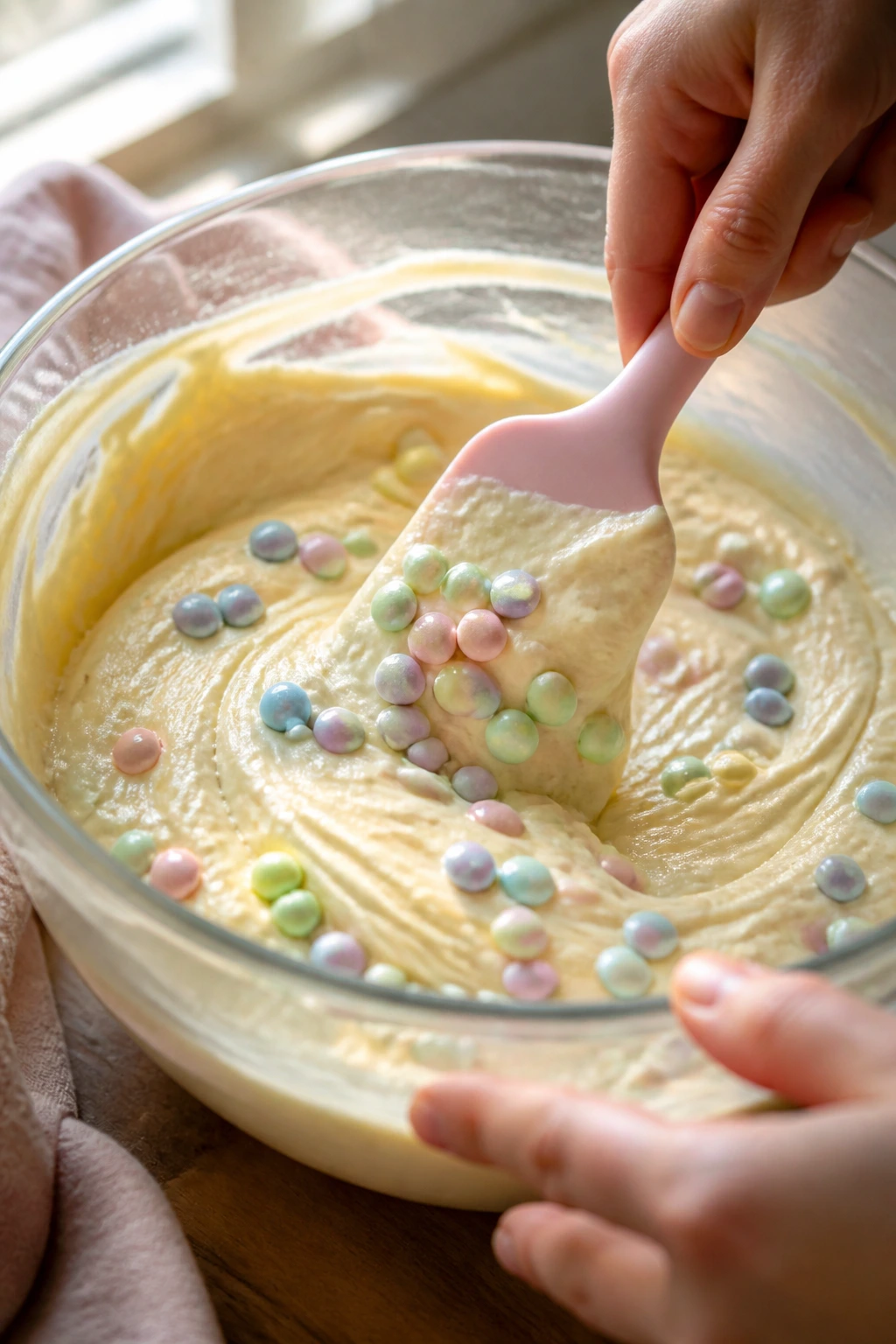 Close-up of cake batter in a bowl with pastel candies being folded in.