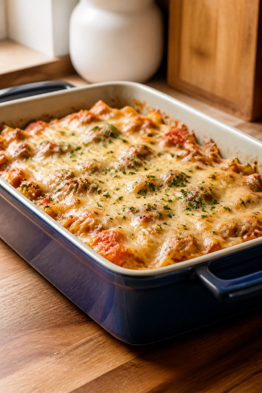 Baking dish filled with casserole on kitchen counter