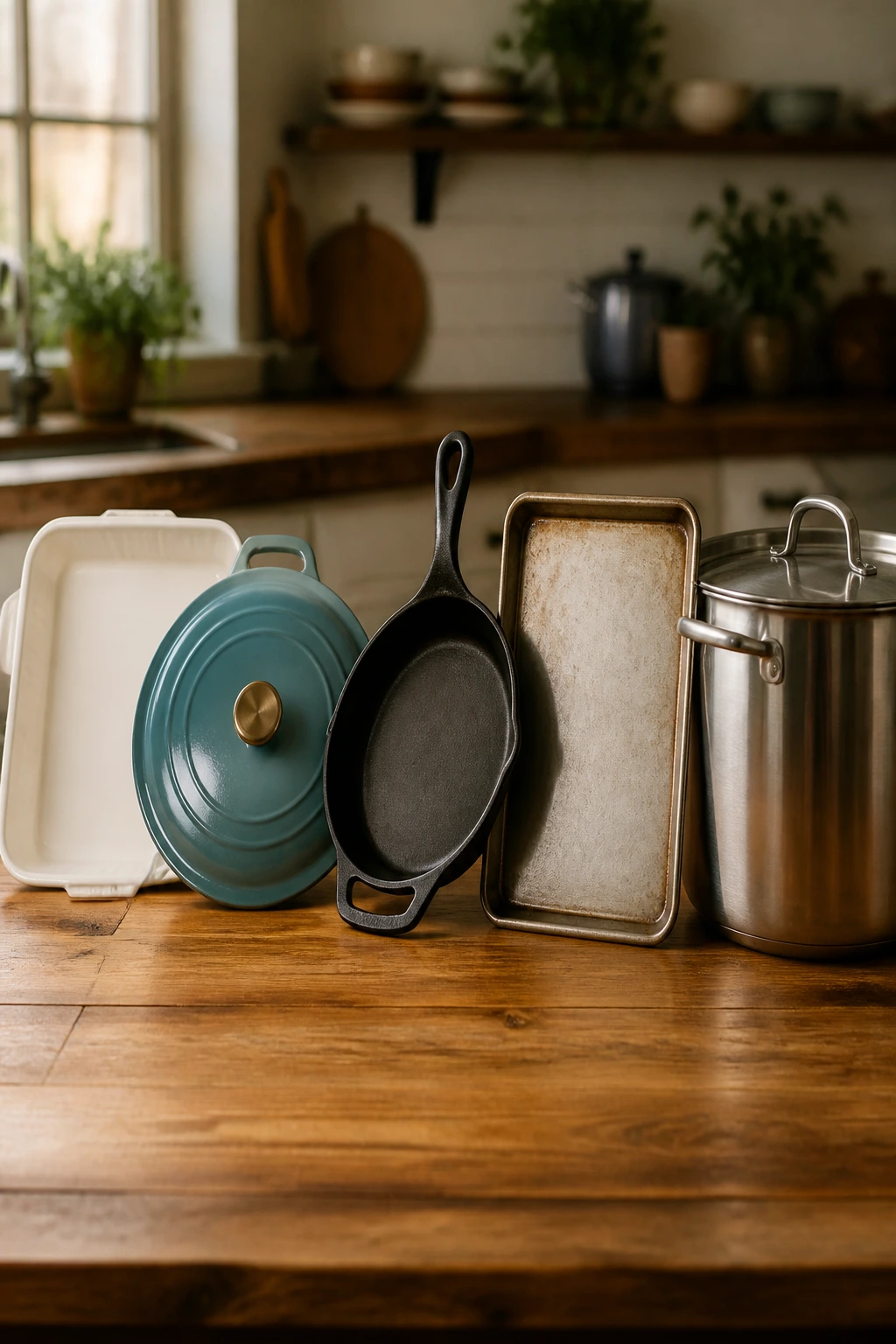 Lineup of essential cookware on a wooden counter