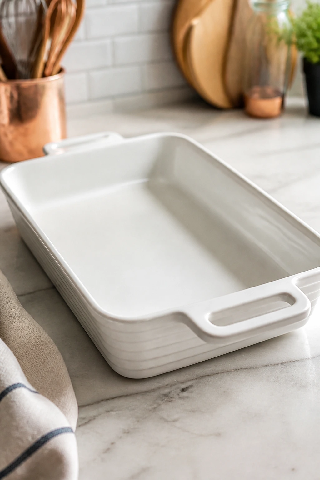 9x13 baking dish ready for casseroles in a bright kitchen.
