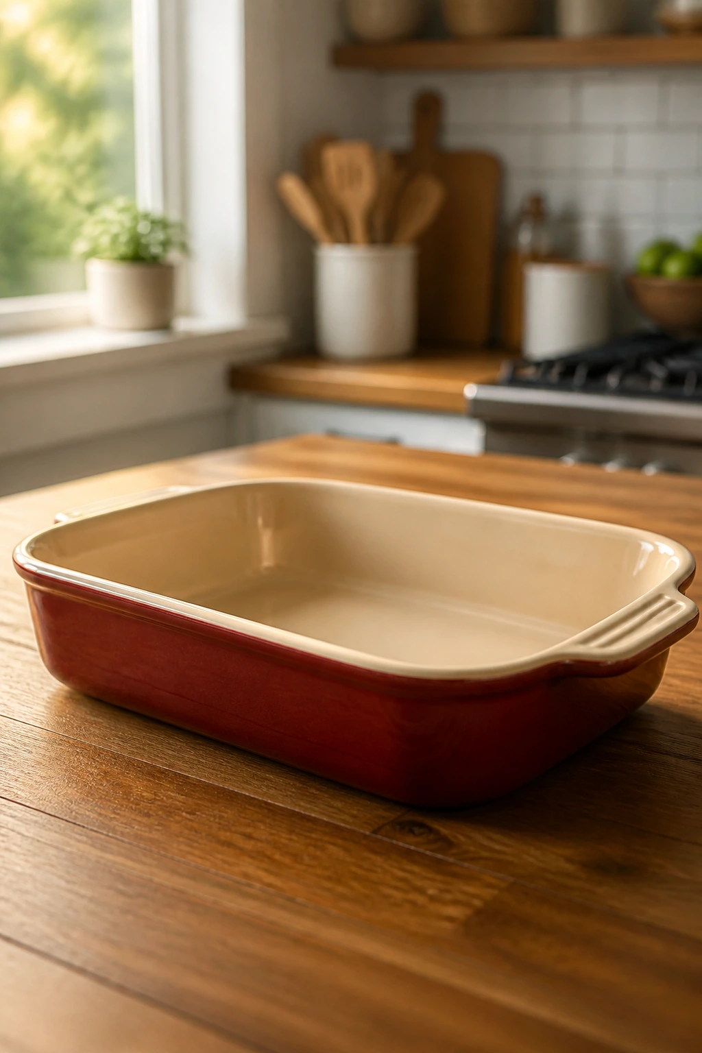 Close-up of a 9x13 baking dish on a wooden counter in a kitchen