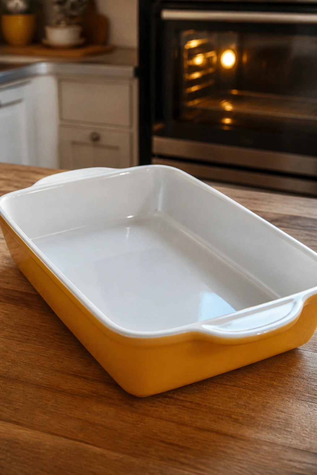Close-up of a 9x13 baking dish on a warm kitchen counter
