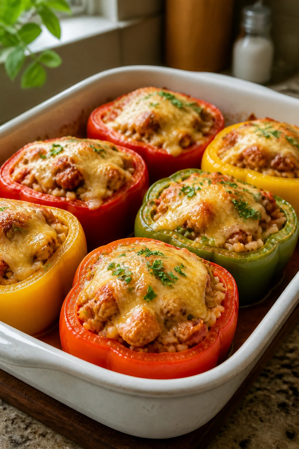 9x13 baking dish with stuffed peppers ready to bake