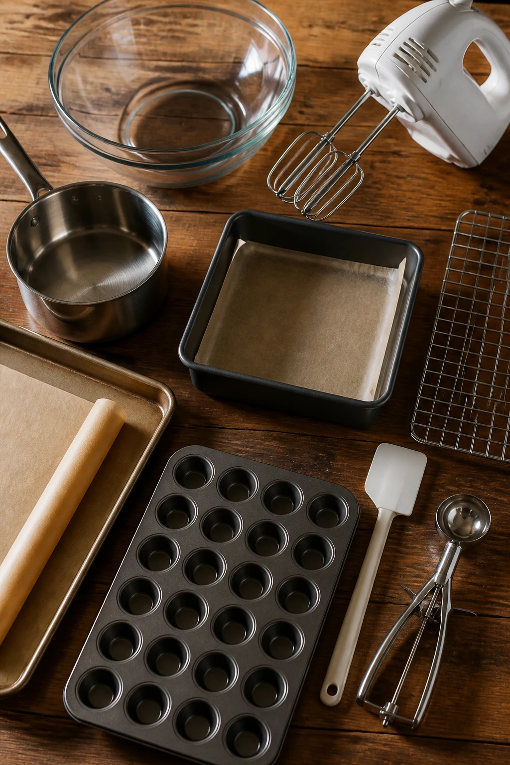 Essential baking equipment arranged on a wooden counter