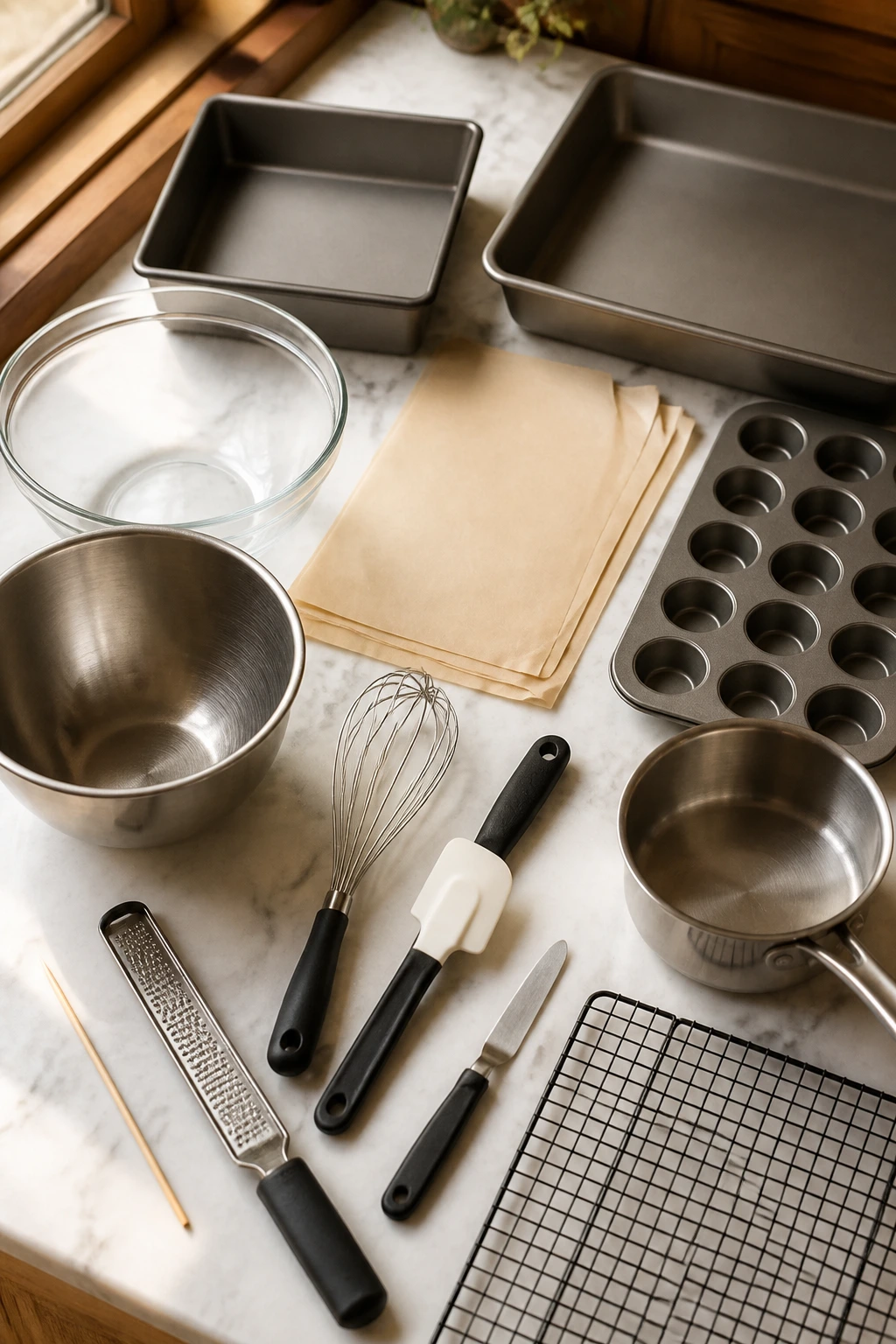 Close-up overhead of essential baking equipment for brownies on a kitchen counter